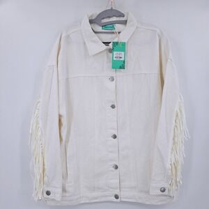 Sunshine Rodeo White Denim Jacket Fringe‎ Long Sleeve Button Front Large NFR